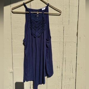 Chic Navy Blouse with Lace Accent